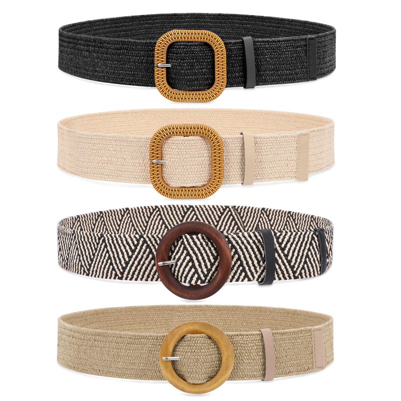 WHIPPY Set of 4 Straw Woven Elastic Stretch Waist Belts for Women, Fashion Boho Ladies Braided Skinny Dress Belt - Image 1